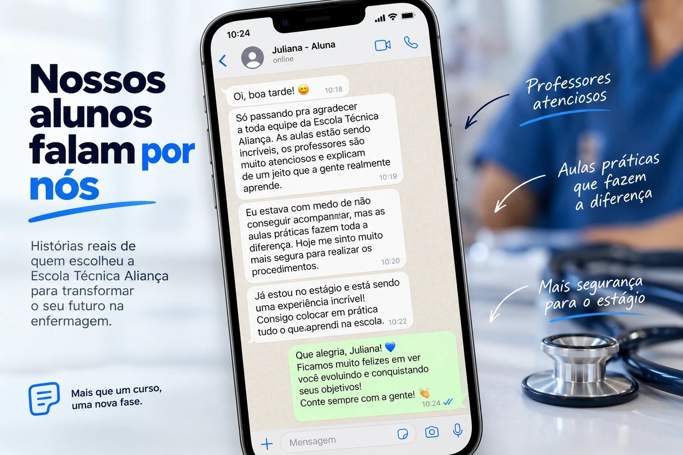 Nossos alunos falam por nós — depoimento de aluna sobre professores atenciosos e aulas práticas